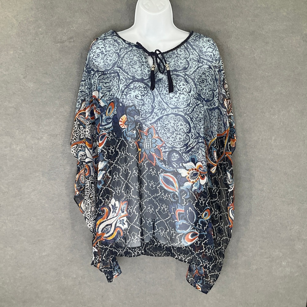 Chico's Poncho Top Sz L/XL Blue Sheer Floral Paisley Tie‎ Neck Flowy Lightweight